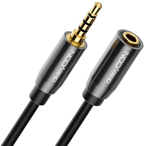 deleyCON 5m Headset Kopfhörer Verlängerung AUX 3,5mm Klinke CTIA 4 Polig TRRS Mikrofon Verlängerungskabel Stereo Audio Metallstecker PC Handy Smartphone Tablet HiFi Receiver (Extra Dünn & Flexibel)
