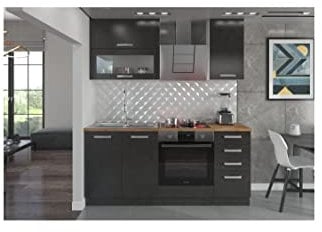 LASSEN Cuisine complete L 180 cm avec meuble four et plans de travail - Gris Matera