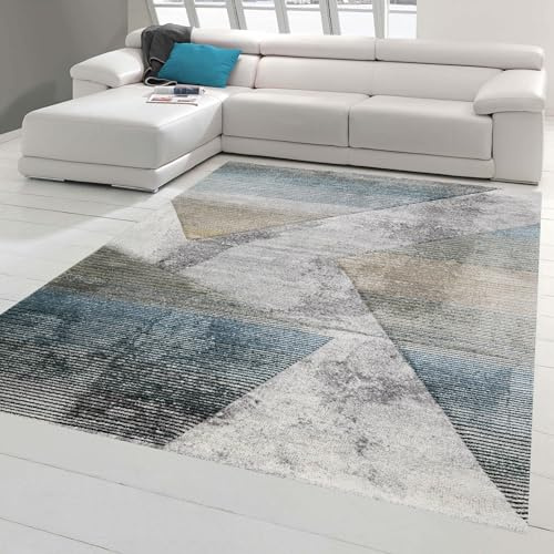Teppich-Traum moderner Wohnzimmerteppich abstraktes Muster gestreift Mehrfarbig grau blau Gold - pflegeleicht Größe 120x170 cm