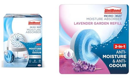 UniBond AERO 360º Moisture Absorber, Ultra-Absorbent Dehumidifier, Helps to Prevent Condensation & AERO 360° Moisture Absorber Lavender Garden Refill Tab, Twin Pack (2 x 450g)