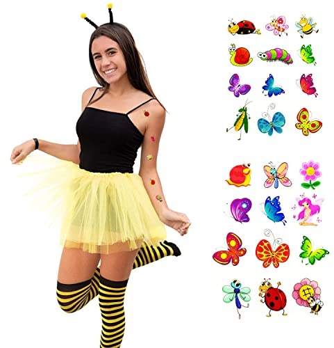 Oblique Unique® Biene Kostüm Accessoire Set für Damen - Bienen Haarreifen + Schmetterling Tattoos für Fasching Karneval Motto Party Sommer Feier