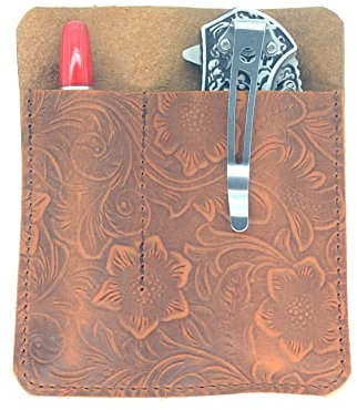 JJNUSA Leather Pocket Organizer, Pocket Slip, Pocket Knife Pouch, EDC Carrier, Everyday Carry Organizers, Pen Holder Flower Brown