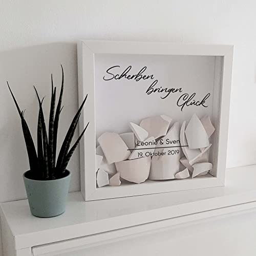 Polterabend Erinnerung - Aufkleber Schriftzug mit/ohne Bilderrahmen Weiß - Personalisierbar - 8 verschiedene Designs - Polterabend Scherben für Bilderrahmen - Unsere Glücksscherben