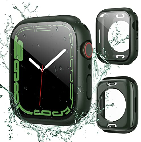owlhold Cover Apple Watch Series 9/8/7 41mm Impermeabile, 360° Case con Pellicola Protezione Schermo Vetro Temperato, IP68 fronte retro Custodia per Apple Watch Series 8/7 41 mm -Verde