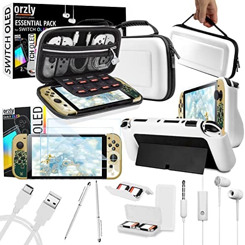 Orzly Zubehör-Bundle-Set für Nintendo Switch Oled Zubehör Essentials Pack Hülle und Displayschutz Komfortgriffabdeckung Kopfhörer-Ladekabel Spielehalter und mehr – OLED-Edition in Geschenkbox