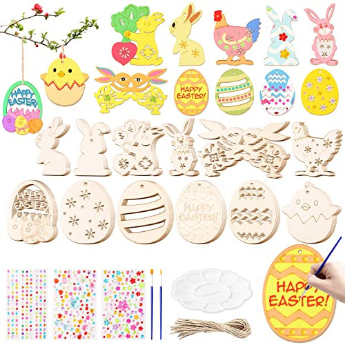 Dekewe 66 Stück Ostern Basteln Kinder Osterdeko Holz Holzanhänger Ostern Anhänger Holz Ostern Basteln DIY Anhänger Osterdeko Basteln Mit Ostereier Strass Zwirnen Selbstklebend Holzanhänger Frühling