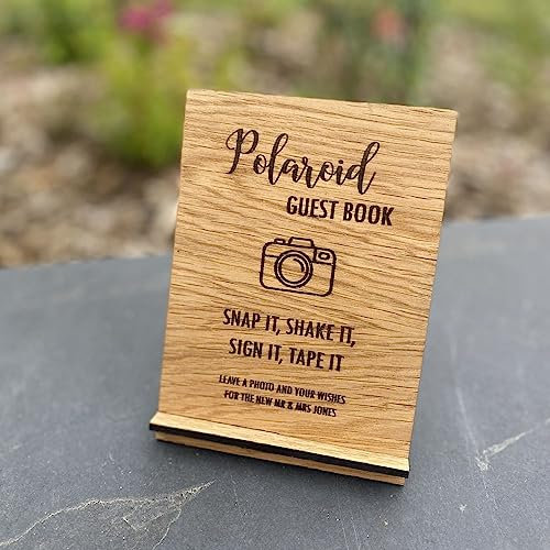 Luck and Luck Personalised Wedding Polaroid Photo Camera Table Sign, Guest Book Sign, Photo Wedding Guest Book Decoration, Wooden Oak Veneer Sign