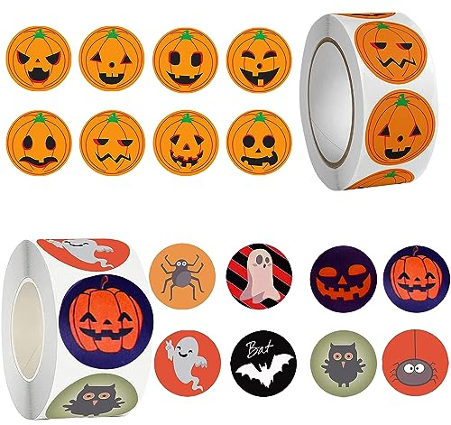 1000 Stück Halloween Aufkleber Rolle, Halloween Runde Etiketten, Kürbis Aufkleber Halloween Dekorative Aufkleber mit 16 Halloween-Fledermaus-Spinnen-Aufkleber für Kinder (2 Rollen)