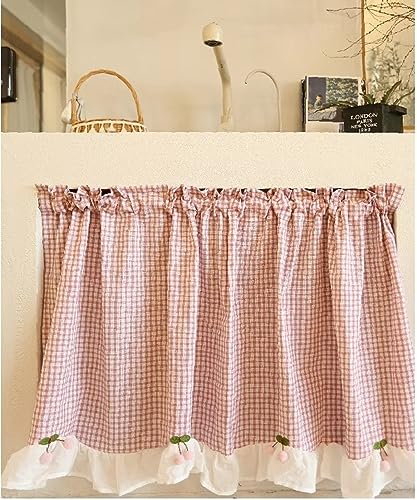 izielad Schlaufenschal karo Gardine Karierte Küche Gardine Scheibengardine Landhausstil Bistrogardine Rosa BxH 135x140cm