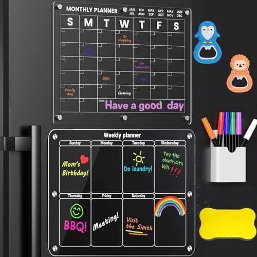 HOMGEN 2PCS Calendario Magnético Mensual y Semanal de Acrílico para Nevera 40 * 30CM Juego de Tableros Magnéticos de Nevera de Imán Fuerte Pizarra Magnetica Nevera Reutilizables con 6 Rotuladores