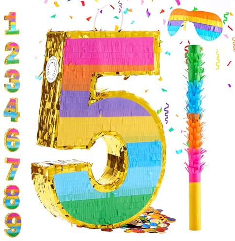 MUWOOB Rainbow Number 5 Pinata for 5th Birthday Party Decorations, Birthday Pinata with Stick Blindfold and Confetti, Kids Anniversary Celebration, Fiesta (Small, 16.5 x 11.5 x 3 In)