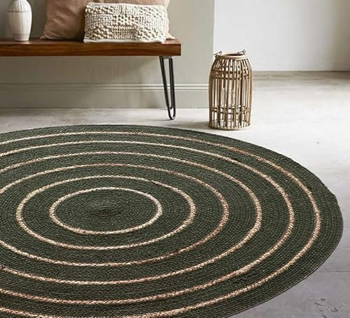 Atout Ciel Runder Teppich aus Baumwolle, geflochten, Jute-Effekt, gestreift, Khaki, 80 cm