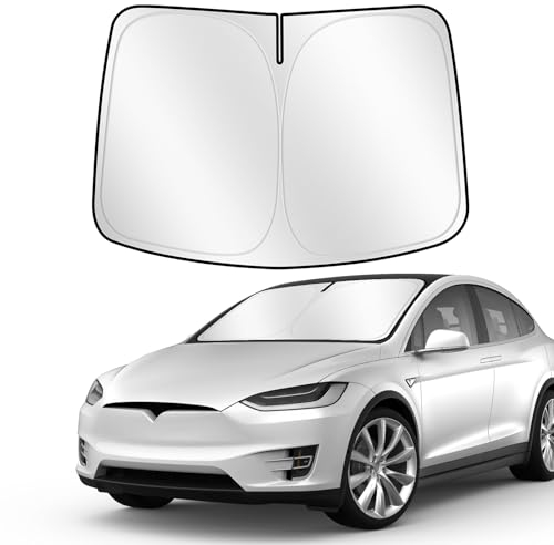 ZATOOTO Parasol Coche Delantero para Tesla Model Y Model 3, Protección Solar para Parabrisas, Cubierta Parabrisas para Bloques de Verano UV, Visera para Coche, Plegable, 132x92 cm