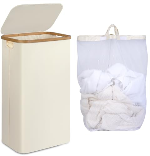 iEGrow Laundry Bakset with Lid 75L,Washing Baskets for Laundry with Washable and Removable Inner Bag, Slim Laundry Hamper for Drity Cloth Toys Towels Storage (Beige)