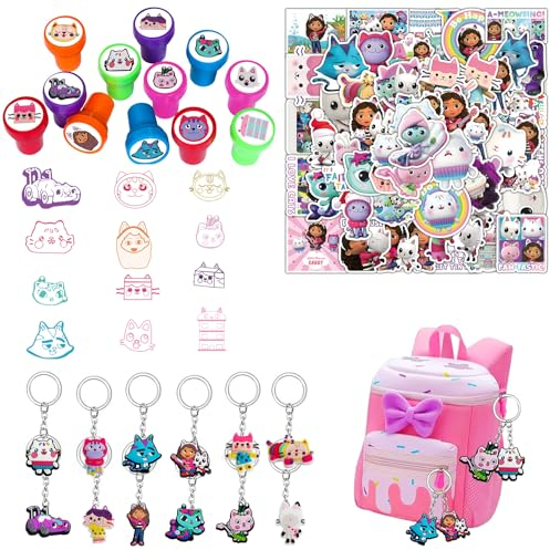 Junyaoii Gabby's Kindergeburtstag Mitgebsel Set, include 12 Dollhouse Stamps,12 Dollhouse keychain pendants and Pack of 50 Stickers , for birthday, Gift Bag Filler, Classroom Prizes