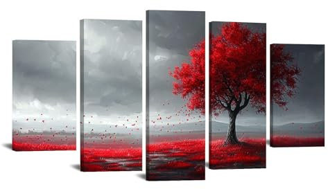 JOSUE 5 Pcs Albero Della Vita Quadro Albero Rosso Della Vita Quadri Su Tela,Rosso Quadri Decorazioni Soggiorno Bagno Cucina Ufficio-80x150cm Incorniciato