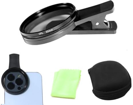 Filtro CPL de 52 mm – Filtro polarizador para Smartphones, con Tapa de Lente, paño de Limpieza y Caja de Almacenamiento, Compatible con Smartphones y tabletas