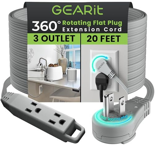 GEARit 360 Degree Rotating Flat Plug Extension Cord with 3 Outputs 6M Grey 16AWG/13A 3 Pin Cable Energy Saving for Home Office Bedroom Essential Room