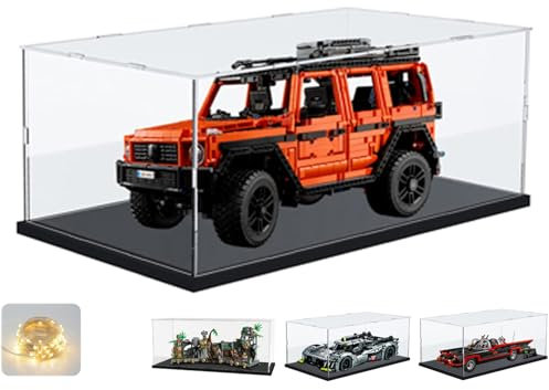 Acryl Vitrine Schaukasten für Lego 42177 G500 76328 42156, Glasvitrine Acrylbox Transparent Groß für Figuren Modellautos Sammlerstücke | mit Holz-Kunststoff-Basis & Licht, Schwarz Innen 55x25x25cm