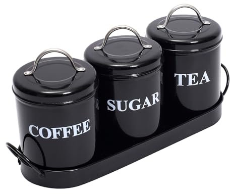 Lot De 3 Cuisine Boîtes De Rangement Pour Café, Thé, Stockage d'Aliments En Métal,Set De Boîtes De Rangement Pour La Cuisine Avec Plateau En Métal,Cubes De Sucre Et Grains De Café Ou Poudre Préférés