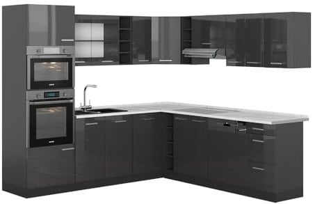 Vicco Eckküche R-Line, Anthrazit Hochglanz/Anthrazit, 237 x 247 cm, AP Marmor