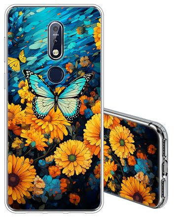 JEZSTHAI Hülle Kompatibel mit Nokia 7.1 Schutzhülle Transparent Weiche Stoßfeste Kratzfeste Schlank Silikon Handyhülle Schmetterling Muster Aesthetic TPU Klar Case