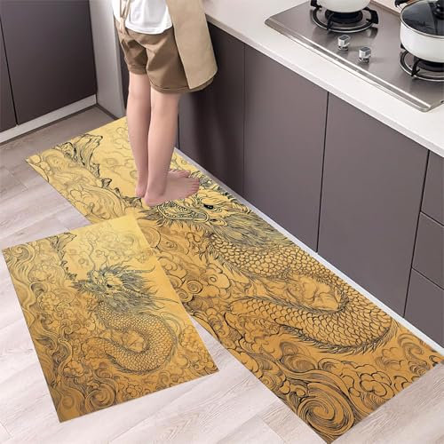 CDXNORA 2 Piezas Kitchen Mat Floor - Retro Alfombras Cocina,Alfombra Cocina Lavable Antideslizante,Salón,Alfombra De Cocina Secado Rápido,Dragón Chino 43×75 Cm+43×150 Cm