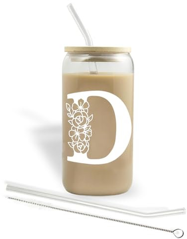 Bliceon A-Z Initial Personalised Birthday Gifts for Women, 500ml Iced Coffee Glass Cups for Mum, Friends and Sisters, Men, Dad, Iced Coffee Cup Gift with Lids and Straws (D)