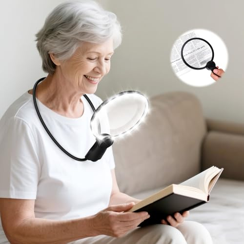 Lupe mit Licht, 5.1 Zoll 5X Lupe zum Lesen mit Ständer, Nackenlupen zum Lesen von Büchern, Nähen, Kreuzstich, für sehbehinderte Senioren mit alternden Augen