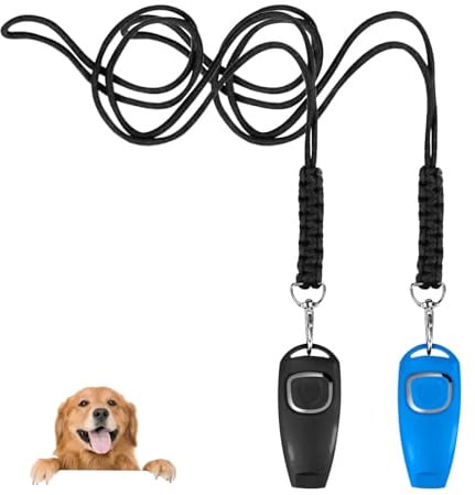 Feelorna 2 fischietto per cani con cordino, fischietto per cani combinato 2 in 1 e clicker per cani per addestrare e fermare abbaiare, fischietti per cani per richiamare (nero e blu)