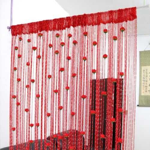 AQCQDQ Perlenvorhang Balkontür, Fadenvorhang mit Rose, 100x200 cm String Türvorhang Fensterdekoration für Türen, Wohnzimmer (Rot)