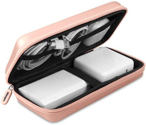 iMangoo Shockproof Travel Essentials Organizer Charger Case, Space-Optimized Zipper Electronics Accessories Pouch Tech Cord Cable Adapter Power Bank Storage for Women Men, 8.5x4.5x2 in (Rose Gold)