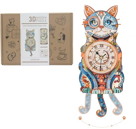 Lilcubics 3D Wooden Puzzles for Adults, Detective Cat Mechanical Model Kit, DIY Wall Clock Puzzle, Fun Home Decor Creative Gifts for Men and Women, Pendulum Wood Craft, Gift for Birthday