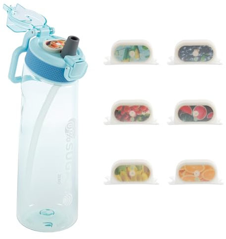 TNTGMG Botella de agua, 700 ml, duradera con pajita y correa, 7 cápsulas con sabor a fruta, botella aislada para deportes, recipiente de agua a prueba de fugas para gimnasio (azul)