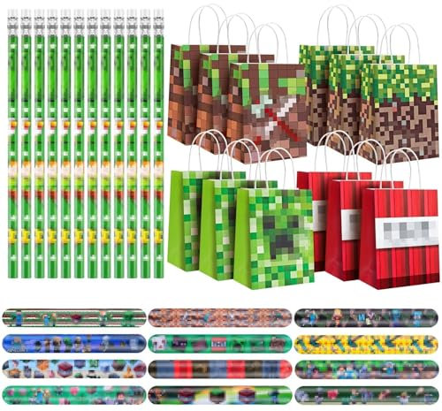 WuGU Sacchetti Regalo per Feste di Compleanno per Bambini, 36 Pezzi Regalini per Feste di Compleanno Bambini con 12 Sacchetti +12 Matite + 12 Braccialetti, Piccole Sorprese per Fes-te di Compleanno