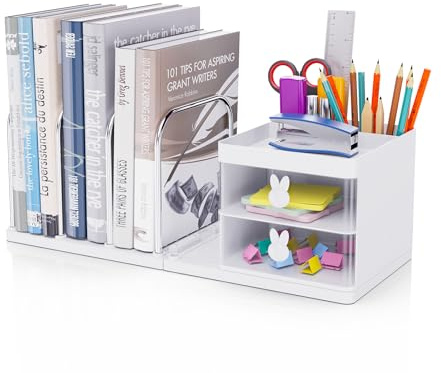 ECBEITF Détachable Organiseur de Bureau avec Tiroir et Porte Documents, Multifonctionel Rangement Bureau Organisateur Blanc avec 2 Porte Crayons pour la Maison, le Bureau et l'école
