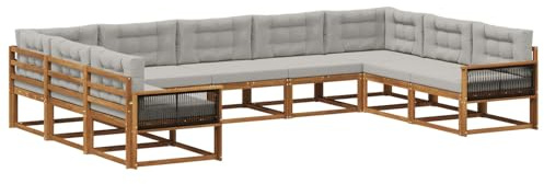 vidaXL Outdoor-Sofagarnitur mit Kissen 9 pcs Natürlich und Hellgrau, Zeitgemäße Gartenmöbel, modernes Sofa-Set, gemütliche Lounge für den Pool, Sitzgruppe für den Garten