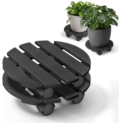 JOIEYOU WPC Pflanzenroller bis 100 KG Blumentopf Untersetzer Mit Rollen für Den Innen- und Außenbereich, Wetterfest Rollbrett Pflanzen für Mülleimer, Regentonne (Dunkelgrau,Rund Ø 30 cm)