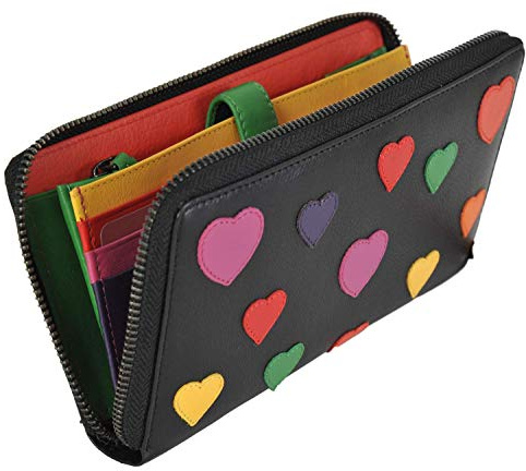 VISCONTI Passion Cash & Coin Geldbörse mit Reißverschluss - Echtes Leder Damen Geldbörse mit 14 Kartenfächern, Geldscheinfächern & Münzfach - 19,5 cm x 10 cm, Schwarz / Multi Love, L, Modern