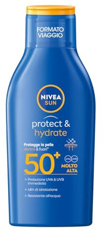 NIVEA SUN Protect & Hydrate SPF 50+ Formato Viaggio 100 ml, Crema solare 50+ idratante 48h ad assorbimento rapido, Protezione solare 50+ resistente all'acqua con Vitamina C e Acido Ialuronico
