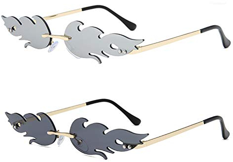 Grainas Retro Flamme Form Sonnenbrille für Damen Herren Randlose Brille Ultraleicht Metall Brillenfassungen Verspiegelt Sunglasses UV400-Schutz (Schwarz + Silber)