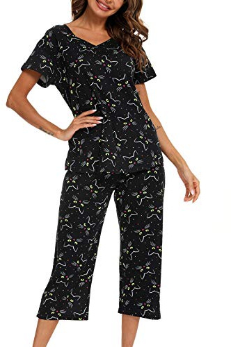 ENJOYNIGHT Womens Pyjama Sets Cotton Pjs Short Sleeve Capri Pants Nightwear | Summer Loungewear, Soft Lightweight Cotton Fabric, Stylish V-Neck, Cute Print, Loose Casual Fit