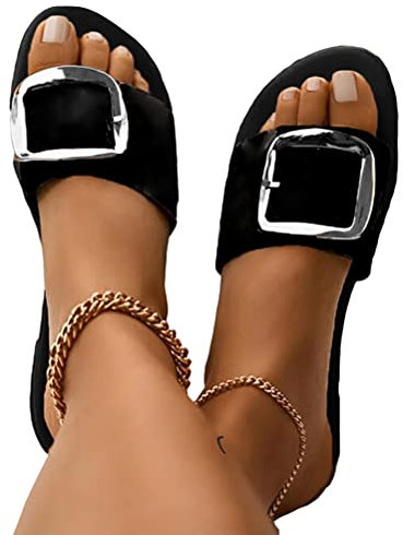 Minetom Sandales Femmes Plates Sandales Été Bout Ouvert Metallic Boucle Plage Vacances Loisir Nu-Pieds Chaussures E Noir 42 EU