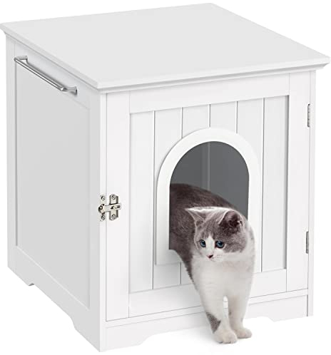 Yaheetech Litter Box Enclosure, Indoor Wooden Cat House for Bathroom, Bedroom & Living Room, White Washroom Litter Cabinet with Holes, Door Latch & Side Bar