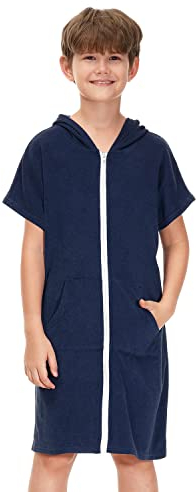 BesserBay Mädchen Frottee Kurzarm Badeponcho Seitentaschen mit Kapuze Blau Reißverschluss Surf Poncho 150
