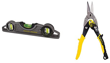 STANLEY FATMAX XTREME Torpedo Level Heavy Duty Aluminium Body and Magnetic Base Including 3 Reversible Vials 0-43-609 & Aviation Snips – Straight Cut (2-14-563)