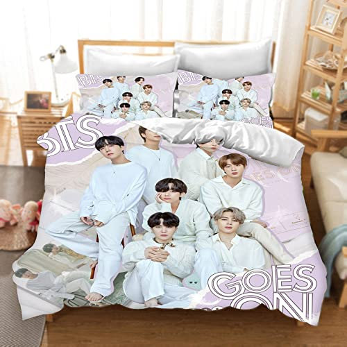 DDONVG BTS Bettbezug 3 Teilig 3D BTS Drucken Bettwäsche Set 135x200cm Bettbezüge Mikrofaser Weich Flauschige Mit Reißverschluss Und Kissenbezug (1,200 X 200 cm 50 x 75 x 2)