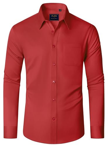 J.VER Men's Urban Stylish Casual Business Regular Fit Long Sleeve Button Up Dress Shirt with Pocket Red L