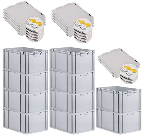 PROREGAL SuperSparSet 10x Eurobox NextGen Grip mit Scharnierdeckel und gelben Schiebeschnappverschlüssen, HxBxT 32x40x60cm, 65 L, Grau, Griffe geschlossen, Eurobehälter, Transportbox