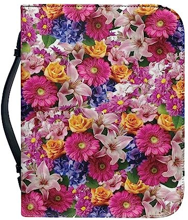 Kuiaobaty Custodia per libro con motivo floreale con fiori primaverili, con maniglia, custodia in pelle PU con cerniera floreale colorata per mamma, figlia